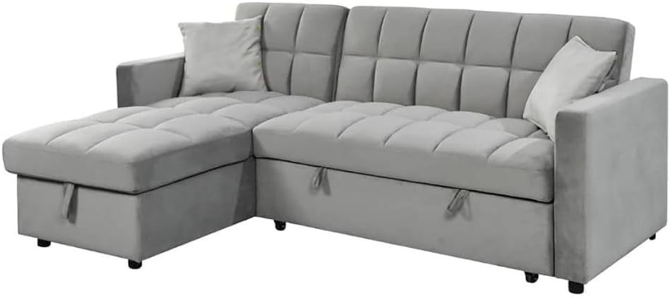 IBERA HOME Sofá Cama Chaise Longue 3 Plazas Kris con Arcón y Almacenamiento, Cheslong Reversible, Sistema de Arrastre, Tapizado Terciopelo Gris, Armazón Pino Macizo, 210 x 145 cm