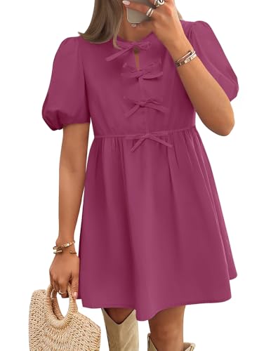 Image of ZESICA Women's Summer Short Sleeve Tie Front Mini Dress Babydoll Ruffle Pleated A Line Vacation Graduation Short Dresses