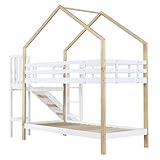 Rvjiahe Etagenbett mit Rutsche und dreistufiger Winkelaufstiegsleiter, Hausbett mit mit Absturzsicherung, Kinderbett, Bettrahmen aus Massivholz, Weiß+Natur, 90x200cm (Weiß+Natur, 90x200cm)