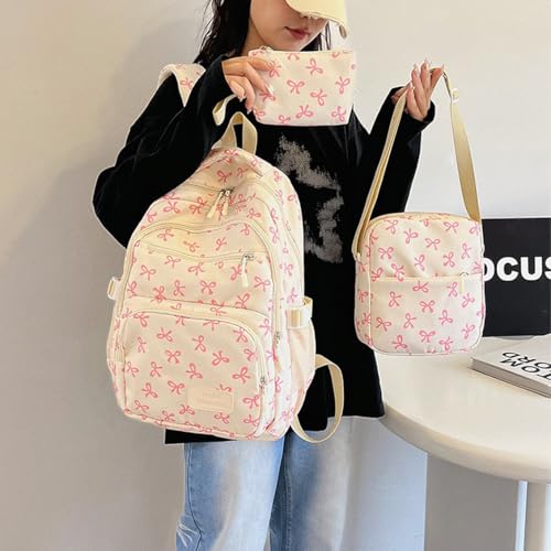 3pcs Set Bow Backpack for Girls, New Daypack Bow Kawaii Preppy Backpack, Cute BackpackS Set Large Capacity (Pink)2