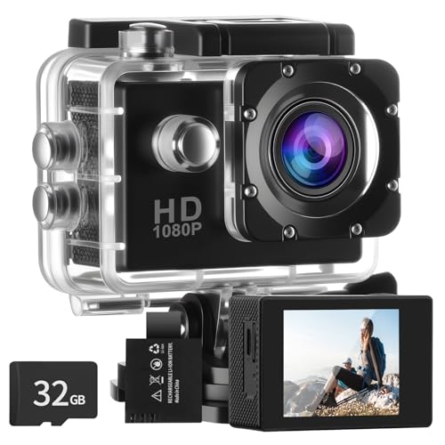 Aolso Cámara Deportiva 1080P/30FPS, Sumergible Acuática 30M, Cámara de Acción para Casco con 32GB Tarjeta, Gran Ángulo 140°, 900mAh Baterías y Otros Accesorios