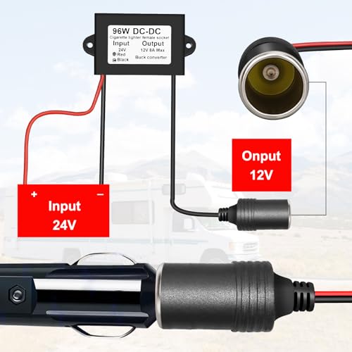 24V to 12V 8A 96W Cigarette Lighter Socket Step-Down Converter, Car Fridge, Vacuum Cleaner, Truck, Boat O-Ring Waterproof Voltage Regulator2