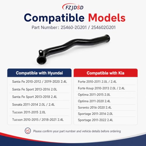 Image of FZJDSD 1PC Water Inlet Pipe and O-Rings 254602G201 Compatible with Hyundai Santa Fe Sonata Tucson 2010-2021 Compatible with Kia Forter Optima Sorento Fit for Sportage 2010-2021 2.0L 2.4L #25460-2G201