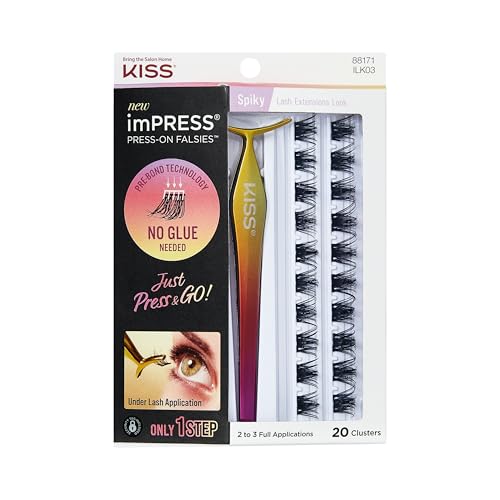 Kiss Impress Falsies Press On Self Adhesive Eyelashes 12mm-14mm Glam Volume Press On Lashes Black No Glue Needed Invisible Band 20 Lash Clusters & Non-Stick Applicator - Spiky