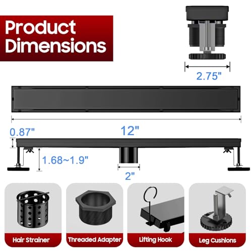 Image of DLONE Linear Shower Drain - 12 Inch Matte Black, with Tile Insert Pane
