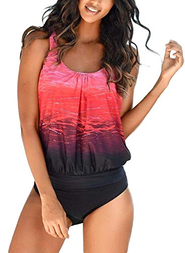 Yidarton Tankini Femme Haut Femme Sexy Chic Push Up Maillots De Bain 2 Pièces Bikini Top Imprimé Femme Tankini Rayure Rembourré(1-Rouge, XXL=(EU,42-44))