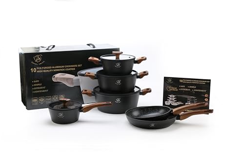 Royal Swiss 10 Piece Cookware Set - Saucepans & Pans with Removable Handles, Marble Coating Non-Stick PFAS Free, Induction, Gas, Electric and Oven Safe