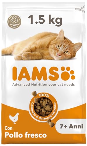 IAMS Cibo secco per gatti Senior - Cibo secco per gatti anziani dai 7 anni in su con pollo fresco, 1,5 kg