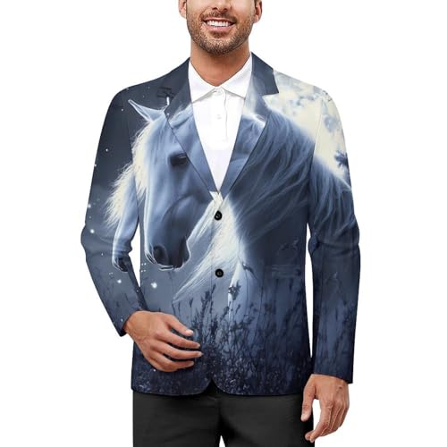 White Cute Horse and Moon Mens Suit Jacket Lapel Blazers V Neck Button Business Coat Tuxedo for Wedding Party