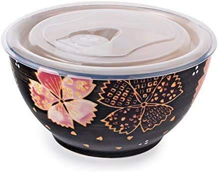 Happy Sales HSMBP-06BKC, 24 oz Microwavable Ceramic Bowl With Lid 6"D Food Prep Bowls Food Storage Bowls Meal Planning Bowls, Black Cherry Bossom