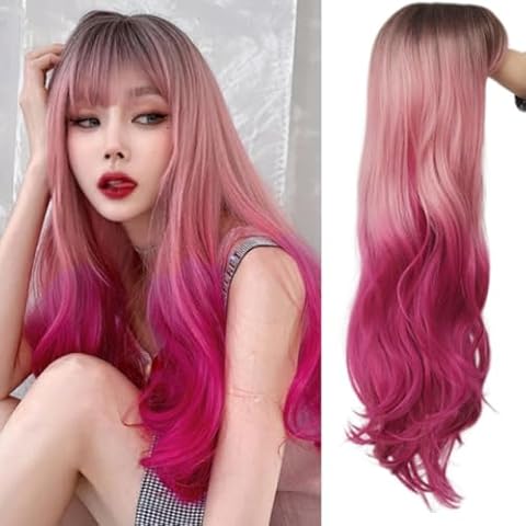 Dai Cloud Ombre Pink Long Wig with Bangs Dark Root Curly Wavy Wigs Synthetic Heat Resistant Fiber Hair Wig for Cosplay Halloween Use(Dark Pink) Cover