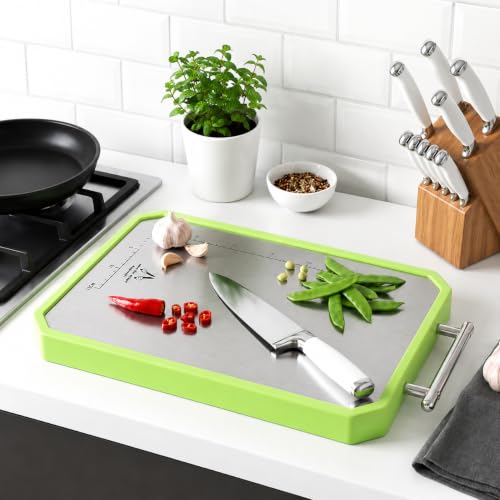 Image of E-COSMOS 2 in 1 Stainless Steel Cutting Board with Green Border and Handle, Measurement Scale Chopping Board for Vegetables, Fruits, Paneer and Meat, Easy-Clean Kitchen Prep Board, (34L X 21W)