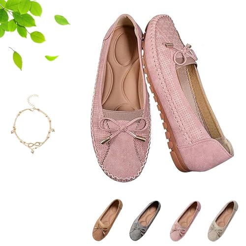 Curvahouse Orthopedic Shoes, Curvahouse Orthopedic Leather Shoes, Women Solid Color Retro Round Toe Dressy Slip-On Bow-Knot Flats Loafers Lightweight Anti-Slip Breathable