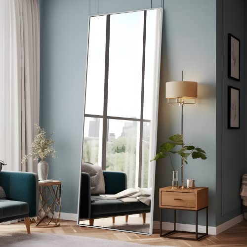 Image of NeuType Full Length Mirror, 65 inch x 22 inch Aluminum Alloy Frame Floor Mirror with Stand, Mirror Full Length, Free Standing or Wall Mounted or Leaning Against Wall, Brushed Silver