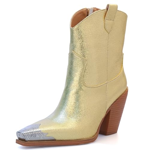 Image of Cowboy Ankle Boots for Women Engraved Steel Toe Cowgirl Boots Stacked Block Heels Short Cowboy Boot Fashion Dressy Western Country Booties