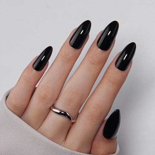 VSALON Press on Nails Medium Almond - Glossy Black Winter Nails for Women, Reusable Solid Opaque Gel Fake Nails with Glue & Cuticle Oil - 32 PCS Glue On Nails in 16 Sizes (Enchanting Night)