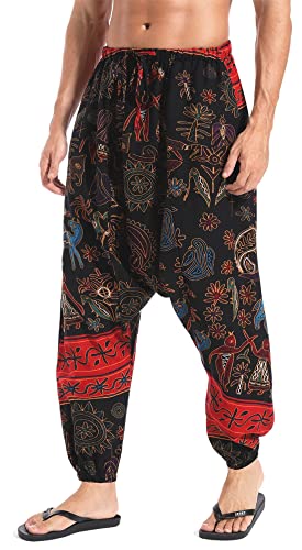 Image of AITFINEISM Men's or Women's Harem Hippie Pants Baggy Boho Patterned Low Crotch Lounge Wide Leg Trousers for Yoga Summer Beach (L, Red)