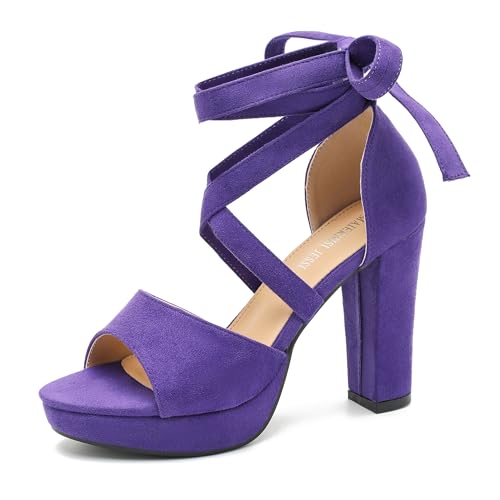 MAIERNISI JESSI Strappy Heels for Women Platform Lace Up Heels Open Toe Chunky High Heel Dress Sandals Purple 40 - US 8.5