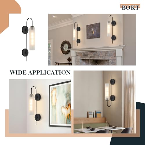 Image of BOKT Mid Century Modern Long Wall Sconce 1-Light Matte Black White Glass Wall Mounted Light Contemporary Large Indoor Wall Sconce Lamp Vintage Bathroom Wall Light (White)
