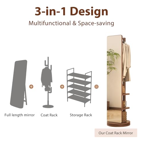 Image of WoodsWhisper Full Length Mirror Coat Rack Solid Wood Floor Mirror 70 inchx16 inch Full Length Mirror with Stand Long Mirrors for Bedroom,Living Room (Walnut, 70 inch L x 16 inch W)