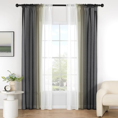 MIULEE Cortinas Translúcida Visillo Suave Poliéster Cortinas Gradiente Horizontal Ventanas Gasa Moderna para Habitación Dormitorio Balcon Cocina Salón 2 Unidades 140x245cm Negro