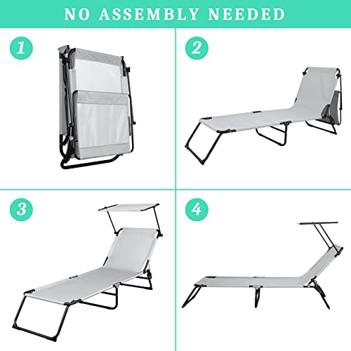 Vingli Folding Chaise Lounge, Adjustable 4 Position Patio Chair Recliner, Sunbathing Chair For Beach Outdoor Pool Patio Deck (Grey, With Canopy) #TOP2