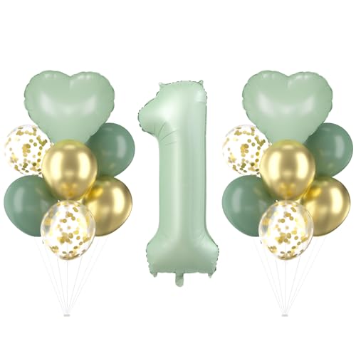 Cadimus Globos Verdes 1 Cumpleaños, Globos de Aluminio Verde Oliva, Decoraciones para Primer Cumpleaños de Niño y Niña, Balón de Aluminio con Forma de Corazón