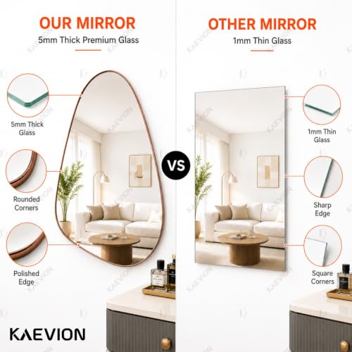 Image of 5mm Thick Irregular Wall Hanging Mirror - Asymmetric Teardrop Shaped Decorative Mirror with Sleek Rose Gold Bidding for Bedroom, Living Room, Vanity & Entryway