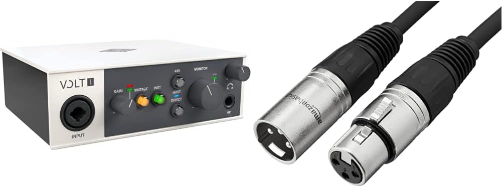 UA Volt 1 USB Audio Interface for recording, podcasting, and streaming with essential audio software, including $400 in UAD plug-ins | Amazon Basics XLR Microphone Cable for Speaker or PA System, All Copper Conductors, 6MM PVC Jacket, 6 Foot, Black
