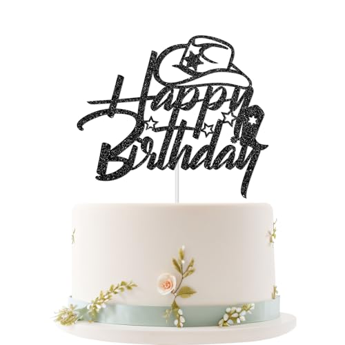 Decoración para tarta de feliz cumpleaños, decoración de fiesta de cumpleaños temática occidental, púas de pastel de cumpleaños del salvaje oeste para vaquera, purpurina negra