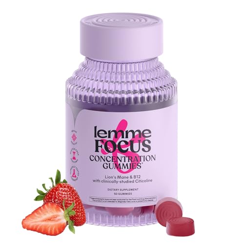 Lemme Focus Concentration & Brain Health Gummies with Cognizin Citicoline, Lion’s Mane Mushroom, Vitamin B12 to Support Focus + Concentration – Gluten Free, Caffeine Free, Strawberry (50 Count)