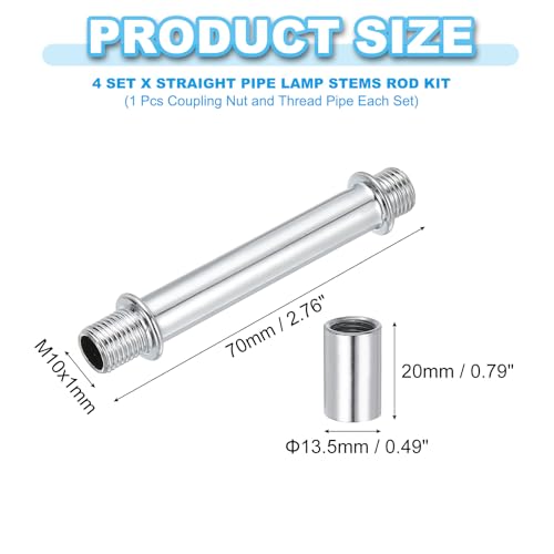 Image of PATIKIL Straight Pipe Lamp Stems Rod Kit, 4Set M10 Carbon Steel 70mm(2.76 inch) Long Double End Thread Rod with Coupling Nuts Sleeve Connector for Table Lamps Chandeliers, Silver Tone