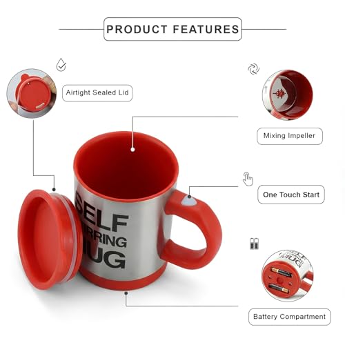 AEX Electric Self Stirring Mug with Lid 450ML, Battery-Powered Coffee Mixer Cup for Effortless Drinks, Durable Travel Coffee Cup with Handle, Portable Hot Chocolate Mug with Leak-Resistant Lid (Red) - Image 8