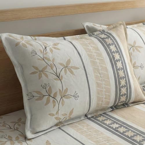 Image of Home Sizzler Microfibre Floral Striped Print All-Around Elastic Fitted Double Bedsheet (72 x 78 Inches) with 2 Pillow Covers - Beige & Grey