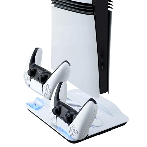 Wigearss Soporte Vertical para PS5/PS5 Slim/PS5 Pro con Ventiladores de Refrigeración, Carga para 2 Mandos, Iluminación LED y Ventilador de Enfriamiento Ajustable en 3 Niveles