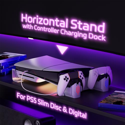 Hosanwell PS5 Slim - Soporte Horizontal para PS5 Slim Disc & Digital, Cargador de Controlador Dual con luz RGB multimodo y Ventilador de refrigeración de 3 Niveles, Color Blanco - imagen 2