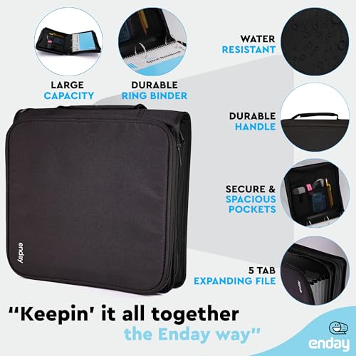 Zipper Binder 3 Ring, Large 2 Inch Binder with Zipper, 880 Sheet Capacity with Durable Handle, Multiple Pockets School Organizer, Black - by Enday - Thumbnail 3