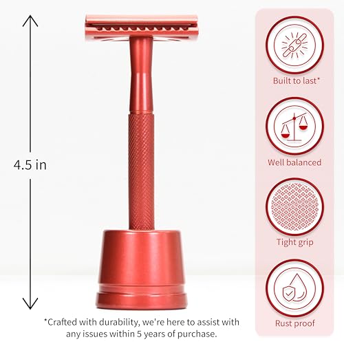 Image of Bambaw Double Edge Safety Razor with Stand, Safety Shaving Razor with 5 Double Edge Safety Razor Blades, Eco-Friendly Razor for Shaving - Red