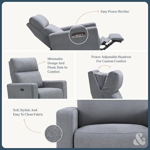 Image of Nurture& The Glider Premium Power Recliner Nursery Glider Chair with Adjustable Head Support | Designed with a Thoughtful Combination of Function and Comfort | Built-in USB Charger (Gray)