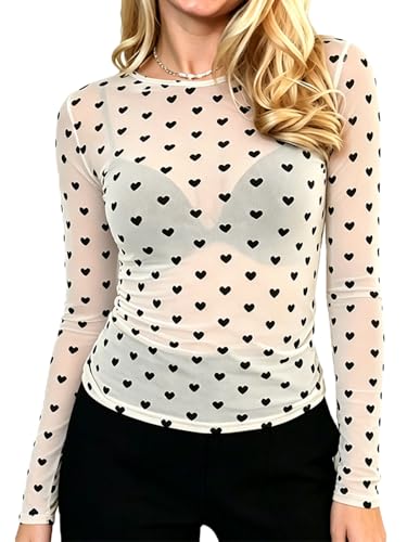 Seyumixi Women Sheer Polka Dot Top Long Sleeve Mesh See Through Tops Cute | Polkadot Shirts Sheer Mesh Shirt Crewneck Slim Fit Layering Undershirt Sexy Blouse Dressy Trendy Y2k Streetwear Party Club