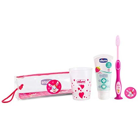 Set de cepillo de viaje para bebé Chicco con pasta y vaso rosa Cover