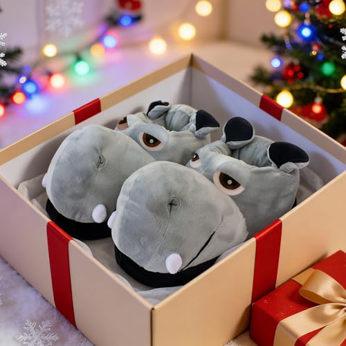 Image of Fluffy Hippo & Elephant Slippers - Oversized Warm House Slippers for Adults | Non-Slip Soft-Sole Indoor Slippers