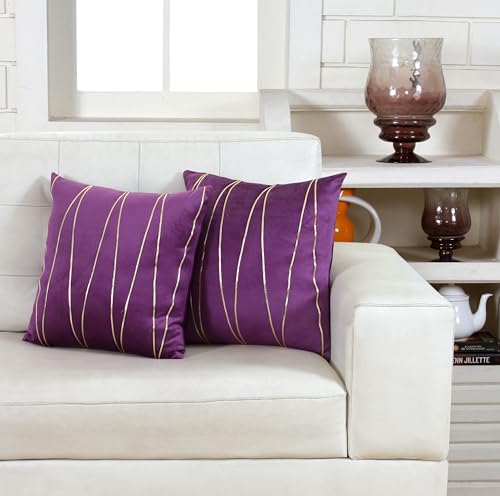 Image of Amazon Brand - Umi Gold Leather Striped Pack of 2 Throw Pillow Covers Velvet Decorative Cushion Covers Cases for Sofa Bedroom Livingroom Car 14 x 14 in Purple Color