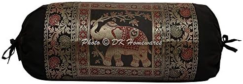 DK Homewares Indian Jacquard Brocade Silk Bolster Yoga Rectangle Pillow Cover Elephant Black Tube Masand Home Decor Living Room Cylindrical Hotdog Traditional Throw Cushion Cover 76x38 cm - 1 Pc