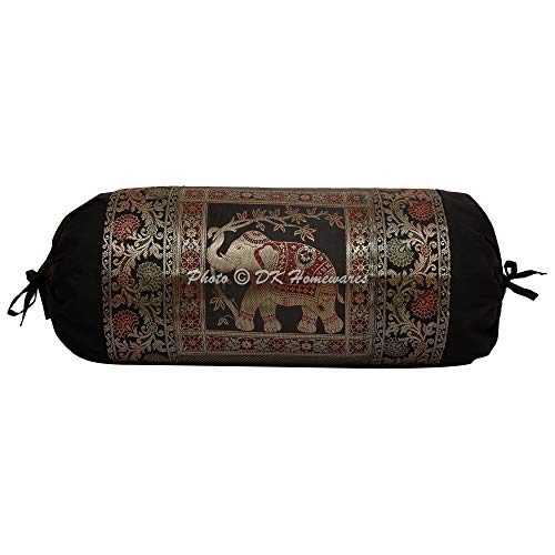 DK Homewares Indien Traditionnel Salon Méditation Soie Polydupion Taie d'oreiller cylindrique 15x30 Brocart Jacquard l'éléphant Floral Taie d'oreiller de traversin (76x38 cm ; Noir) -1 pc