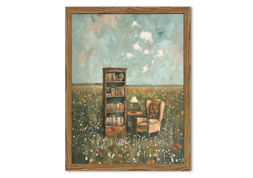 Vintage Whimsical Book Lover Wall Art, Impressionist Flower Field...