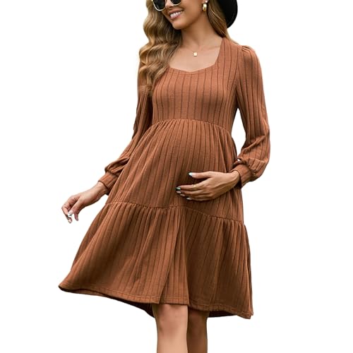 GINKANA Damen Umstandspulloverkleid, quadratischer Ausschnitt, langärmelig, Herbst, lässig, Schwangerschaft, Babydoll, Strickkleid mit Tasche,...
