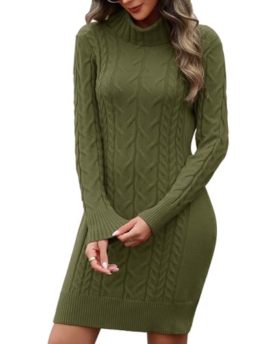 heekpek Strickkleid Damen Herbst Winter Rollkragen Pulloverkleid Langarm Strickkleider Elegant Bodycon Kleid Zopfmuster Warme Winterkleider, Grün, L