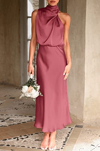 Image of PRETTYGARDEN Women's 2026 Summer Satin Dress Elegant Sleeveless Mock Neck Cocktail Party Maxi Dresses