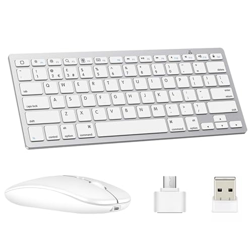 Image of Wireless Keyboard and Mouse Set, Bluetooth Combo for Devices, Compact White Keyboard with Silent Typing, Multi-Device Connectivity for Office and Travel Use